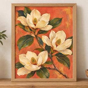 Magnolia Printable Wall Art, Cream Flowers on Coral Botanical Poster, A2 Digital Download image 5