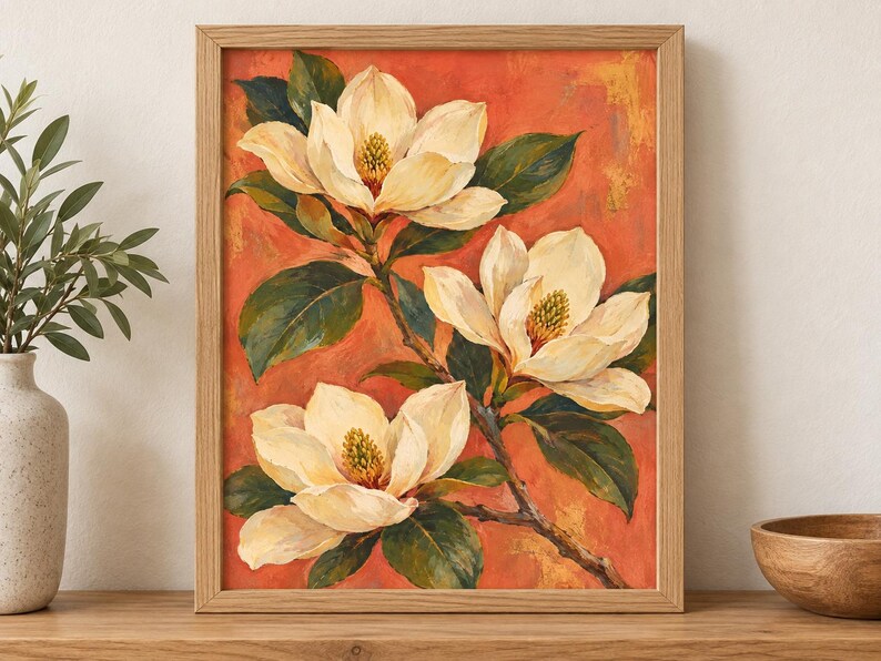 Magnolia Printable Wall Art, Cream Flowers on Coral Botanical Poster, A2 Digital Download image 5