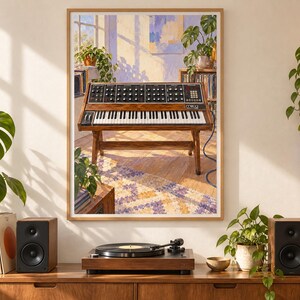 May include: A framed wall art print depicting a wooden Moog synthesizer on a stand, positioned in a sunlit room with indoor plants and a patterned rug. The synthesizer features a black control panel with numerous knobs and a white keyboard.