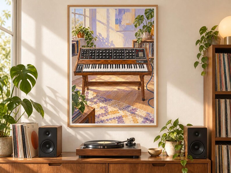 May include: A framed wall art print depicting a wooden Moog synthesizer on a stand, positioned in a sunlit room with indoor plants and a patterned rug. The synthesizer features a black control panel with numerous knobs and a white keyboard.