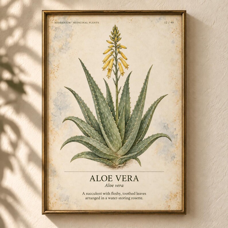 May include: A framed botanical print featuring an aloe vera plant with green, toothed leaves and a central yellow flower stalk. The text reads HERBARIUM MEDICINAL PLANTS 12/40, ALOE VERA, Aloe vera, and a description of the succulent plant.