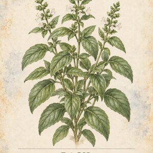 May include: A botanical illustration of a basil plant with green leaves and white flowers on a textured beige background. The text reads HERBARIUM MEDICINAL PLANTS 40/40, BASIL, Ocimum basilicum, and An herb with soft, aromatic leaves and small flowers.