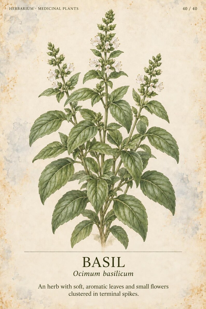 May include: A botanical illustration of a basil plant with green leaves and white flowers on a textured beige background. The text reads HERBARIUM MEDICINAL PLANTS 40/40, BASIL, Ocimum basilicum, and An herb with soft, aromatic leaves and small flowers.