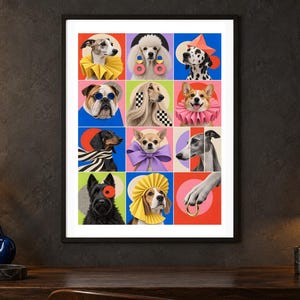 May include: A framed wall art print featuring a grid of twelve colorful squares, each displaying a different dog breed adorned with various accessories like ruffs, bows, glasses, and geometric shapes, set against vibrant solid and patterned backgrounds.