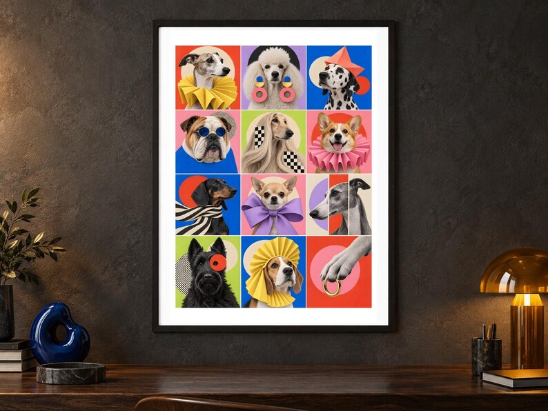 May include: A framed wall art print featuring a grid of twelve colorful squares, each displaying a different dog breed adorned with various accessories like ruffs, bows, glasses, and geometric shapes, set against vibrant solid and patterned backgrounds.