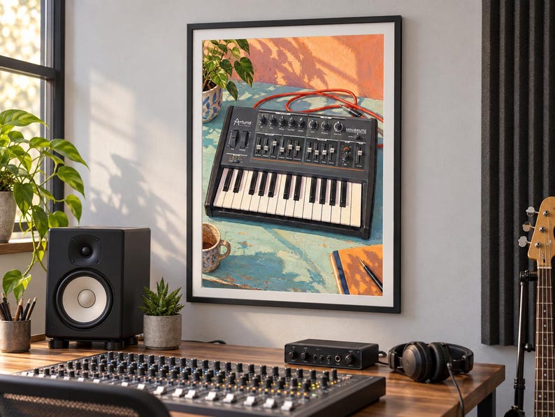 Op de afbeelding: Een ingelijste muurkunstprint met een zwarte Arturia MiniBrute analoge synthesizer met witte toetsen, zwarte knoppen en schuifregelaars, rustend op een blauw oppervlak met een rode kabel, een plant, een mok en een notitieboek in de compositie.
