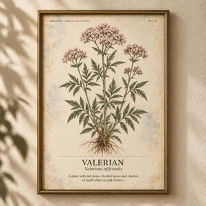 K&ouml;nnte beinhalten: Ein gerahmter botanischer Druck, der eine Baldrianpflanze mit gr&uuml;nen Bl&auml;ttern, Wurzeln und B&uuml;scheln kleiner rosa Bl&uuml;ten zeigt. Der Text lautet HERBARIUM MEDICINAL PLANTS 08/40, VALERIAN Valeriana officinalis sowie eine Beschreibung der Pflanze.