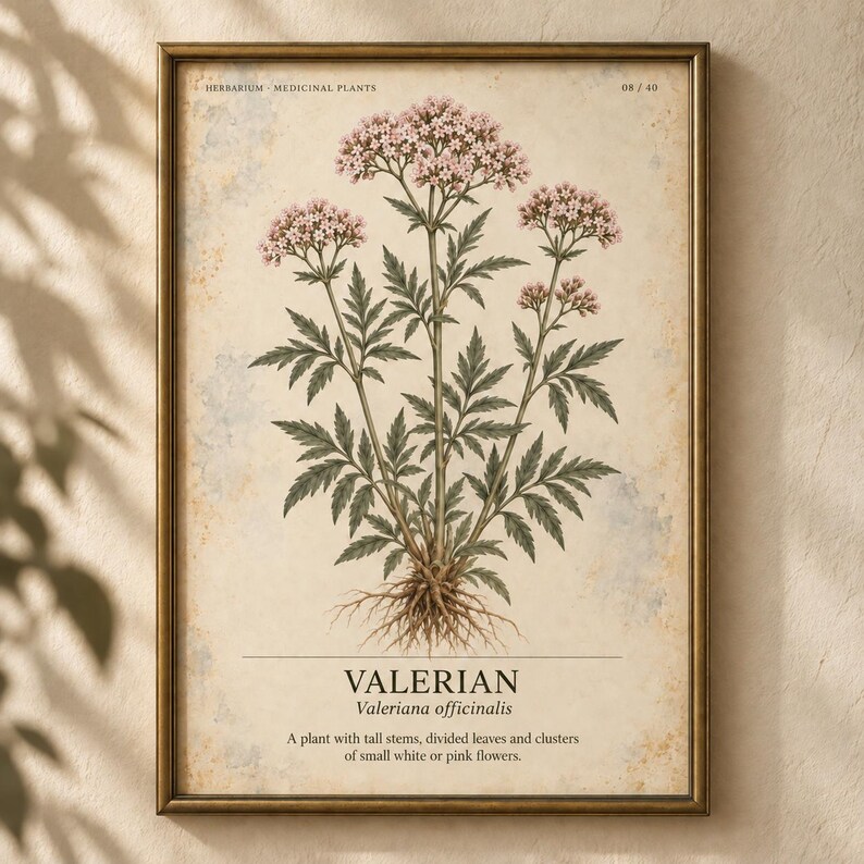 K&ouml;nnte beinhalten: Ein gerahmter botanischer Druck, der eine Baldrianpflanze mit gr&uuml;nen Bl&auml;ttern, Wurzeln und B&uuml;scheln kleiner rosa Bl&uuml;ten zeigt. Der Text lautet HERBARIUM MEDICINAL PLANTS 08/40, VALERIAN Valeriana officinalis sowie eine Beschreibung der Pflanze.