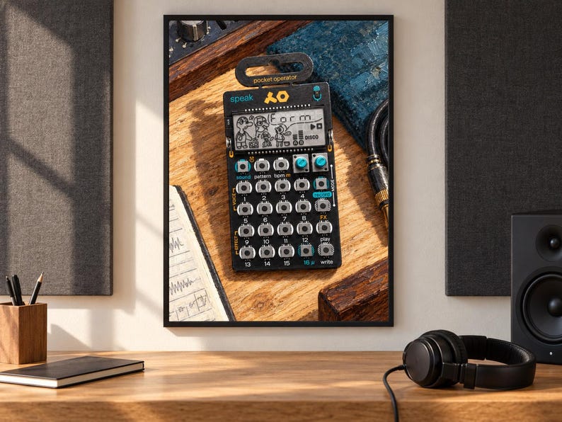 Puede incluir: Un sintetizador de bolsillo Teenage Engineering PO-35 speak negro con una pantalla LCD monocrom&aacute;tica con personajes animados, una cuadr&iacute;cula de diecis&eacute;is botones plateados, dos perillas color cerceta y texto impreso que incluye speak y pattern.