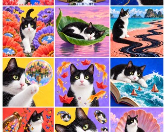 Brida Tuxedo Cat Wall Art, Colourful Surreal Pet Collage, A2 Printable Digital Download