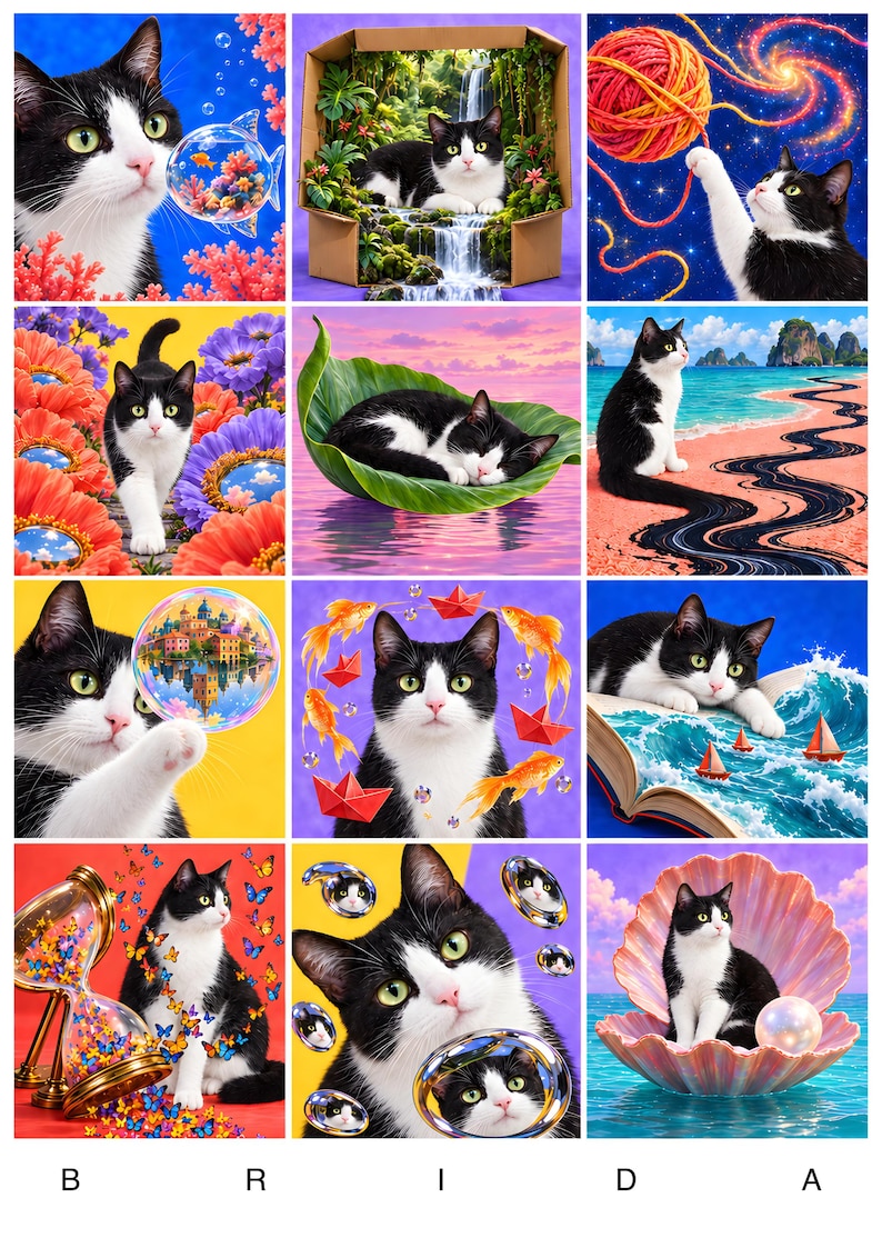 Brida Tuxedo Cat Wall Art, Colourful Surreal Pet Collage, A2 Printable Digital Download Bild 1