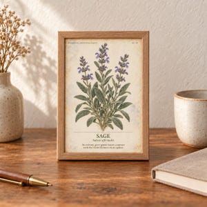 Op de afbeelding: Een ingelijste botanische print van een salieplant met groene bladeren en violette bloemen. De tekst luidt: HERBARIUM | MEDICINAL PLANTS, SAGE, Salvia officinalis, Its velvety, grey-green leaves contrast with the violet flowers on its spikes.