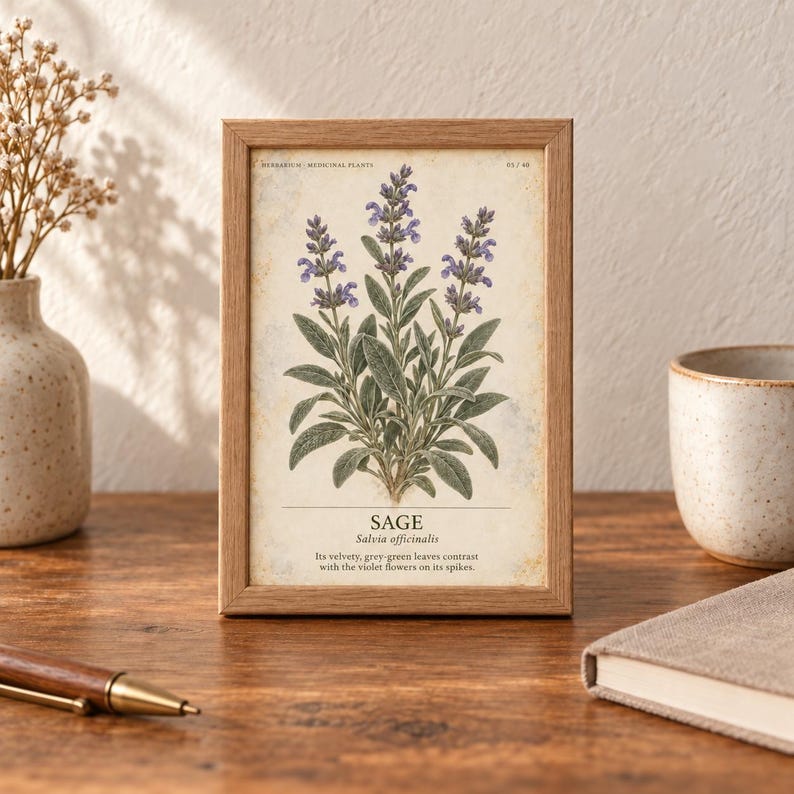 Op de afbeelding: Een ingelijste botanische print van een salieplant met groene bladeren en violette bloemen. De tekst luidt: HERBARIUM | MEDICINAL PLANTS, SAGE, Salvia officinalis, Its velvety, grey-green leaves contrast with the violet flowers on its spikes.