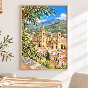May include: A rectangular wall art print featuring a Mediterranean landscape with a large stone cathedral, terracotta-roofed buildings, and distant mountains under a bright blue sky, framed by olive tree branches with dark olives in the foreground.
