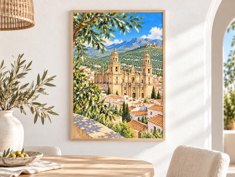 May include: A rectangular wall art print featuring a Mediterranean landscape with a large stone cathedral, terracotta-roofed buildings, and distant mountains under a bright blue sky, framed by olive tree branches with dark olives in the foreground.