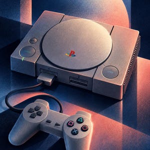 May include: A gray video game console with a circular disc cover featuring a multicolored PlayStation logo, two memory card slots, and a power button. A matching gray wired controller with black directional buttons and colored geometric symbols is connected.