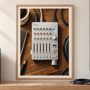 May include: A light gray TX-6 portable mixer featuring six vertical faders, multiple rotary knobs, and a small digital display screen showing the number 50. The device has several input ports at the top and a large control knob at the bottom right.