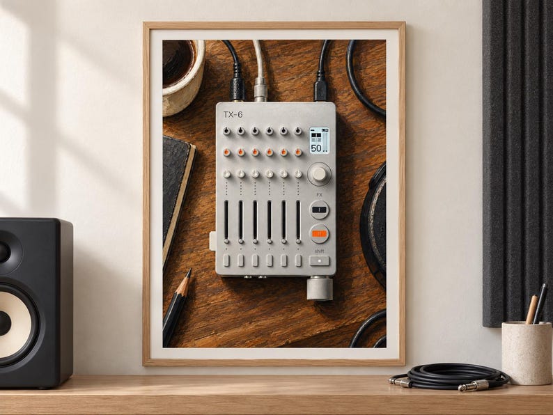 May include: A light gray TX-6 portable mixer featuring six vertical faders, multiple rotary knobs, and a small digital display screen showing the number 50. The device has several input ports at the top and a large control knob at the bottom right.