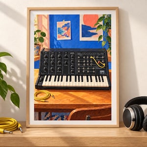 May include: A framed art print depicting a black Korg MS-20 analog synthesizer on a wooden desk. The synthesizer features a keyboard, numerous control knobs, and a yellow patch cable. The background shows a blue wall with two small landscape paintings.