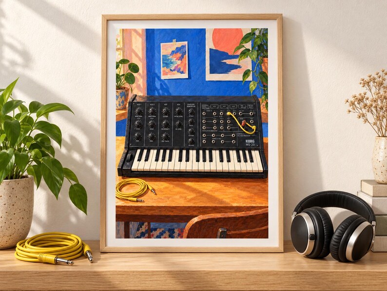 May include: A framed art print depicting a black Korg MS-20 analog synthesizer on a wooden desk. The synthesizer features a keyboard, numerous control knobs, and a yellow patch cable. The background shows a blue wall with two small landscape paintings.