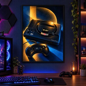 Puede incluir: Una impresi&oacute;n de arte mural enmarcada que presenta una consola de juegos Sega Mega Drive negra y un mando a juego. La consola muestra el texto 16-BIT y MEGA DRIVE. La obra est&aacute; sobre un fondo oscuro con acentos de luz brillante amarilla y azul.