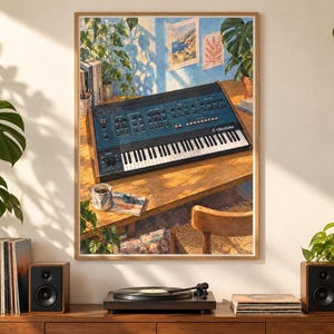Pu&ograve; includere: Una stampa artistica da parete incorniciata che raffigura un sintetizzatore Oberheim blu appoggiato su una scrivania in legno. La scena include una tazza da caff&egrave;, libri e piante in vaso, il tutto immerso in una calda luce solare.