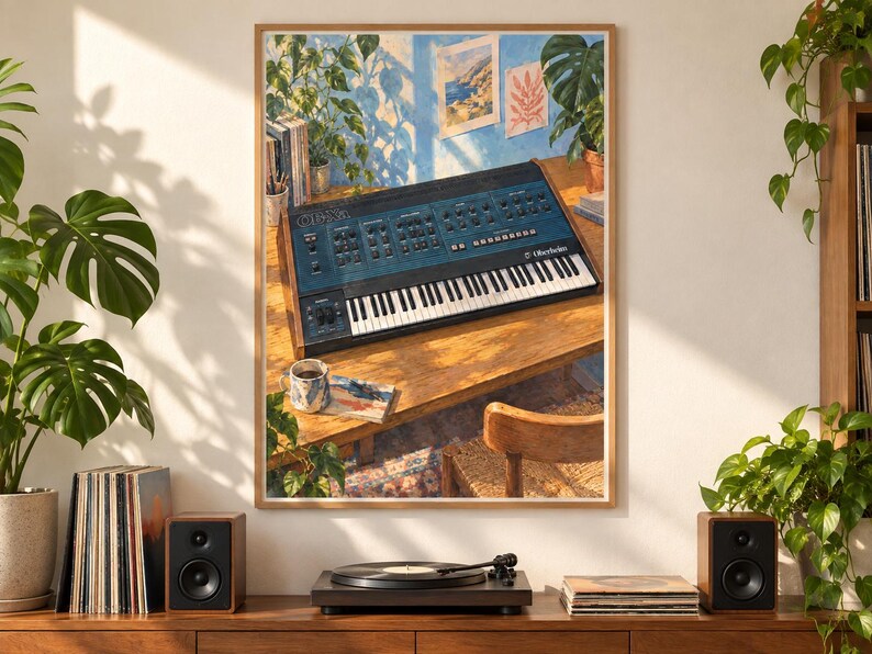 Pu&ograve; includere: Una stampa artistica da parete incorniciata che raffigura un sintetizzatore Oberheim blu appoggiato su una scrivania in legno. La scena include una tazza da caff&egrave;, libri e piante in vaso, il tutto immerso in una calda luce solare.