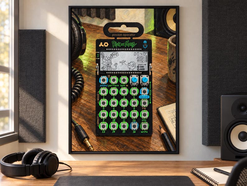 Pu&ograve; includere: Un sintetizzatore tascabile nero Teenage Engineering PO-128 Rick and Morty dotato di uno schermo LCD monocromatico con grafiche di personaggi, una griglia di sedici pulsanti circolari, due manopole rotanti blu ed etichette stampate.
