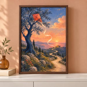 Pu&ograve; includere: Un dipinto paesaggistico incorniciato che raffigura un aquilone rosso a forma di diamante impigliato tra i rami di un grande albero. La scena presenta un sentiero sterrato tortuoso che conduce a una casa su una collina sotto un cielo al tramonto.