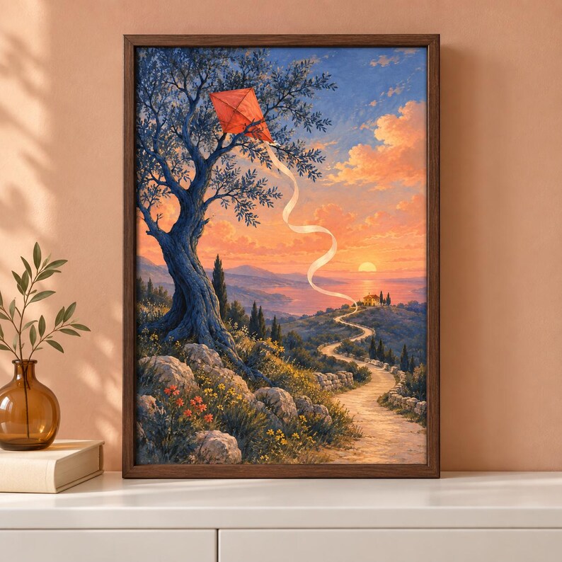 Pu&ograve; includere: Un dipinto paesaggistico incorniciato che raffigura un aquilone rosso a forma di diamante impigliato tra i rami di un grande albero. La scena presenta un sentiero sterrato tortuoso che conduce a una casa su una collina sotto un cielo al tramonto.