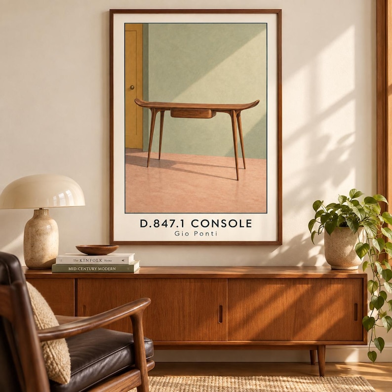 Puede incluir: Una l&aacute;mina de arte mural enmarcada que muestra una consola de madera marr&oacute;n con extremos curvos y un caj&oacute;n central. La ilustraci&oacute;n muestra la D.847.1 CONSOLE de Gio Ponti sobre una pared verde salvia y un suelo color melocot&oacute;n con una puerta amarilla.