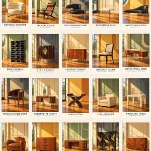 May include: A collection of twenty furniture pieces displayed in a grid, including chairs, sofas, cabinets, desks, and screens. Each item is labeled with its name and designer, such as the Bibendum Armchair, Transat Chair, and Sunburst Cabinet.