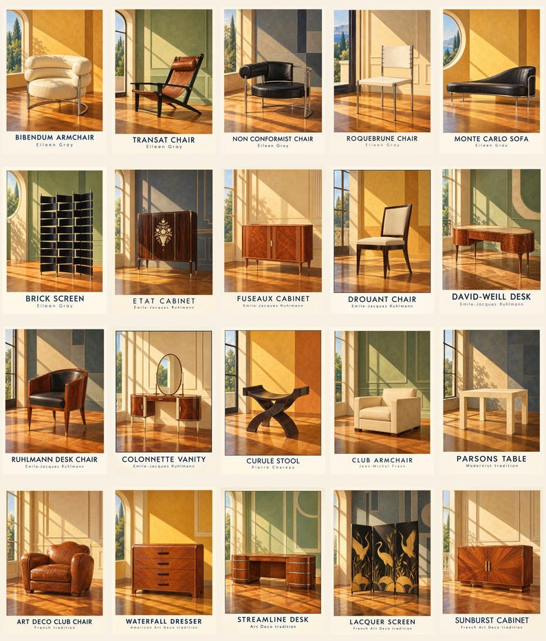 May include: A collection of twenty furniture pieces displayed in a grid, including chairs, sofas, cabinets, desks, and screens. Each item is labeled with its name and designer, such as the Bibendum Armchair, Transat Chair, and Sunburst Cabinet.