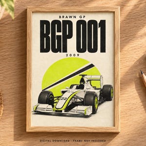 May include: A framed poster featuring a white and neon yellow Brawn GP BGP 001 Formula One race car with the number 22. The text BRAWN GP, BGP 001, and 2009 are printed in black above the car, which is set against a large neon yellow circle.
