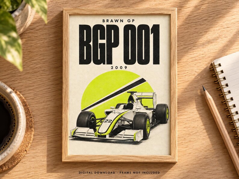 May include: A framed poster featuring a white and neon yellow Brawn GP BGP 001 Formula One race car with the number 22. The text BRAWN GP, BGP 001, and 2009 are printed in black above the car, which is set against a large neon yellow circle.