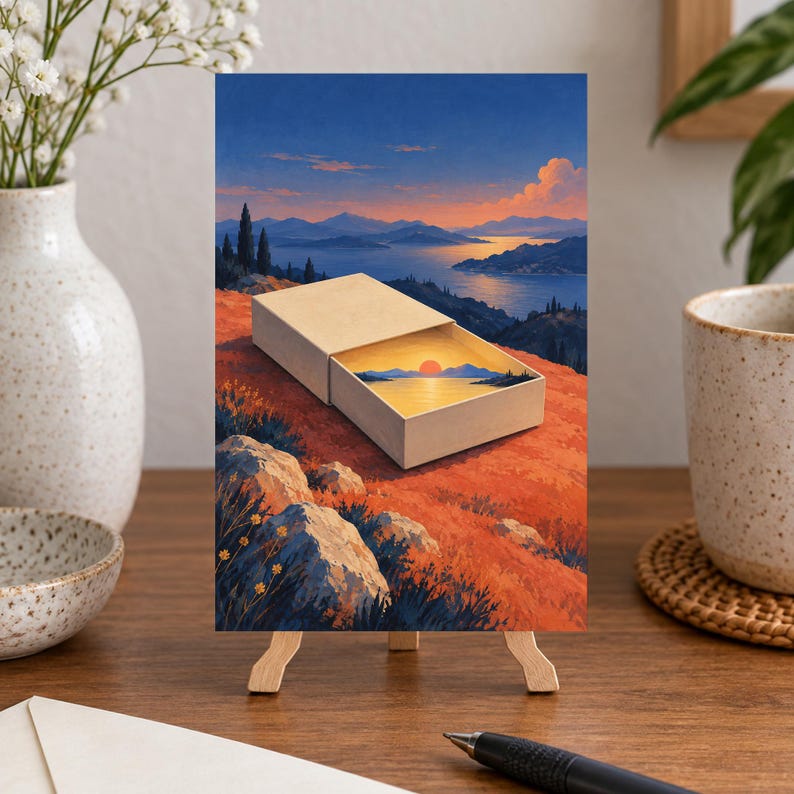 May include: A rectangular cardboard matchbox resting on a reddish-orange hillside, with the open tray revealing a miniature landscape of a sunset over a calm body of water, mountains, and a clear sky, all displayed on a small wooden easel stand.