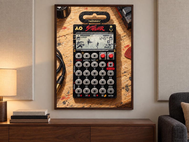 May include: A black Street Fighter edition pocket synthesiser featuring a digital display with character graphics, sixteen numbered circular buttons, two red knobs, and various control labels. The device is mounted in a dark frame.