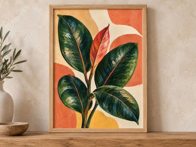 May include: A framed wall art print featuring a rubber plant with large, glossy dark green leaves and one central vibrant red leaf. The background consists of abstract, rounded shapes in shades of warm orange, yellow, and cream, set in a light wood frame.