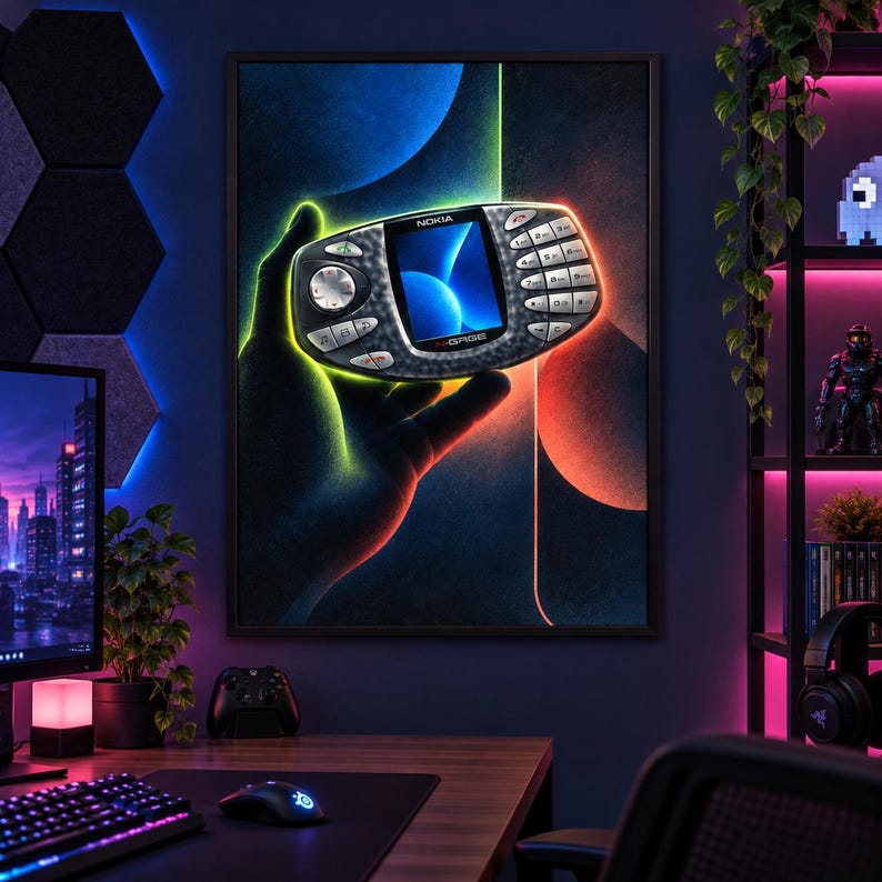 Puede incluir: Una impresi&oacute;n de arte mural enmarcada que muestra una consola de juegos port&aacute;til Nokia N-Gage sostenida en una mano. El dispositivo presenta un acabado oscuro y texturizado, una pantalla central con gr&aacute;ficos circulares azules y un teclado.