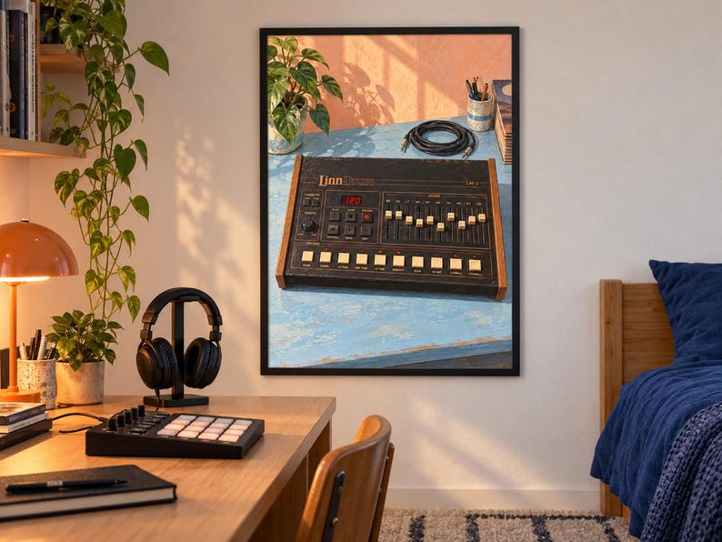 K&ouml;nnte beinhalten: Ein gerahmter Wandkunstdruck einer vintage LinnDrum elektronischen Drum-Machine. Das Ger&auml;t ist schwarz mit Holzseitenteilen und verf&uuml;gt &uuml;ber eine Digitalanzeige, mehrere Schieberegler und quadratische Tasten. Es steht auf einer hellblauen Oberfl&auml;che mit einem aufgerollten schwarzen Kabel und einer kleinen Topfpflanze, beleuchtet von warmem, nat&uuml;rlichem Sonnenlicht.