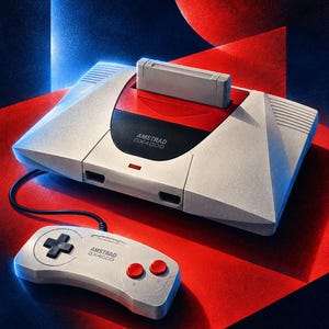 May include: An Amstrad GX4000 video game console in a light gray casing with a red and black center panel, featuring an inserted gray game cartridge. A matching light gray controller with a black directional pad and two red buttons is connected.