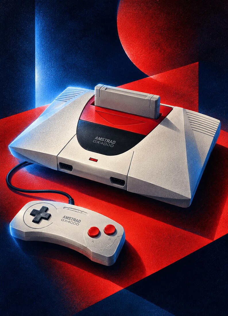 May include: An Amstrad GX4000 video game console in a light gray casing with a red and black center panel, featuring an inserted gray game cartridge. A matching light gray controller with a black directional pad and two red buttons is connected.