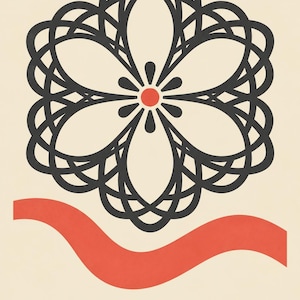 K&ouml;nnte beinhalten: Ein Grafikdruck auf cremefarbenem Hintergrund mit einem schwarzen, symmetrischen Blumenmuster und einem roten Punkt in der Mitte. Unter dem Blumenmuster befindet sich eine horizontale rote Wellenlinie und das Wort LIMERICK in schwarzen Gro&szlig;buchstaben.