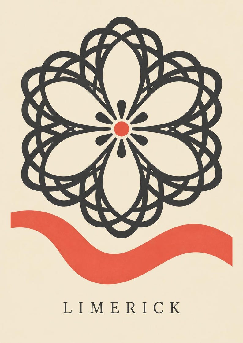 K&ouml;nnte beinhalten: Ein Grafikdruck auf cremefarbenem Hintergrund mit einem schwarzen, symmetrischen Blumenmuster und einem roten Punkt in der Mitte. Unter dem Blumenmuster befindet sich eine horizontale rote Wellenlinie und das Wort LIMERICK in schwarzen Gro&szlig;buchstaben.
