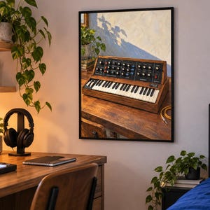 May include: A framed wall art print depicting a vintage analogue synthesiser with a wooden casing, black control panel, and white and black keys. The synthesiser sits on a wooden desk surface, with a potted plant visible in the background.