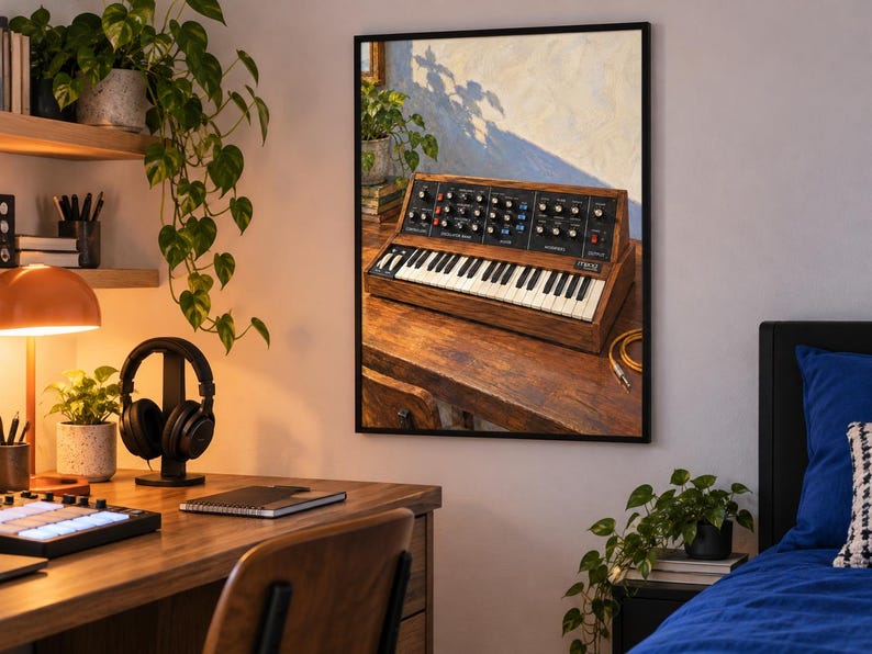 May include: A framed wall art print depicting a vintage analogue synthesiser with a wooden casing, black control panel, and white and black keys. The synthesiser sits on a wooden desk surface, with a potted plant visible in the background.