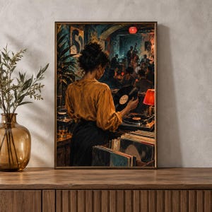 May include: A framed wall art print depicting a person in a mustard yellow shirt and black skirt standing in a dimly lit jazz club. The person holds a black vinyl record near a turntable, with a band performing in the background under red lighting.