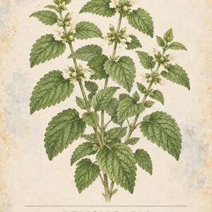 May include: A botanical print titled HERBARIUM MEDICINAL PLANTS 07 / 40 featuring a detailed illustration of a lemon balm plant with green toothed leaves and small white flowers. The text reads LEMON BALM Melissa officinalis and a description.