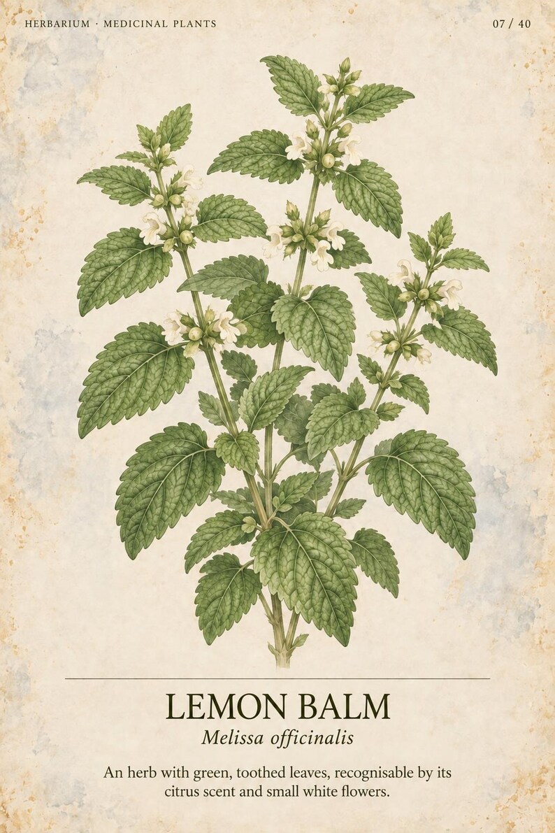 May include: A botanical print titled HERBARIUM MEDICINAL PLANTS 07 / 40 featuring a detailed illustration of a lemon balm plant with green toothed leaves and small white flowers. The text reads LEMON BALM Melissa officinalis and a description.