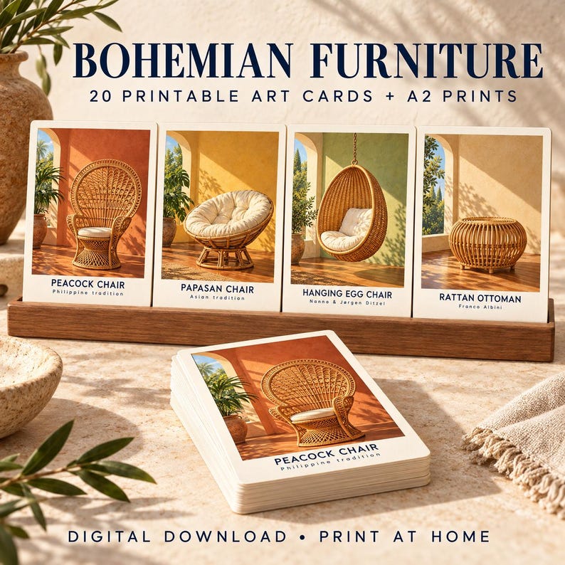 May include: A set of 20 printable art cards titled BOHEMIAN FURNITURE, featuring images of a peacock chair, papasan chair, hanging egg chair, and rattan ottoman. The cards are displayed in a wooden stand with a stack of cards in the foreground.